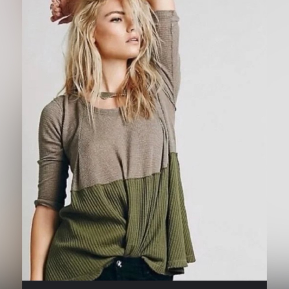Free People We The Free Womens Top M Medium Waffle Knit Raglan Tunic 3/4 sleeve